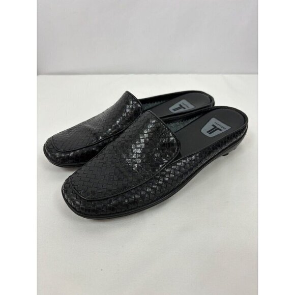 Trotters Woven Mules Loafers Black Leather 7.5 M Slip On Comfort Basket Weave - Picture 1 of 9